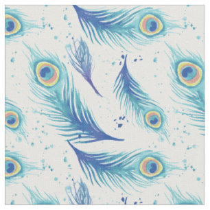 Watercolor Peacock Feathers Pattern Fabric