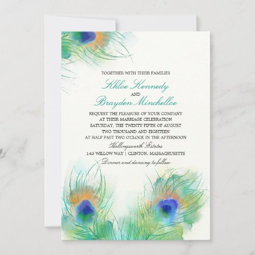 Watercolor Peacock Feathers Wedding Invitation