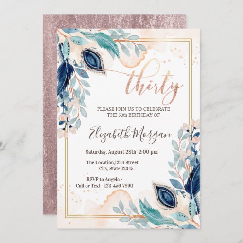 Watercolor Peacock Floral 30th Birthday  Invitation