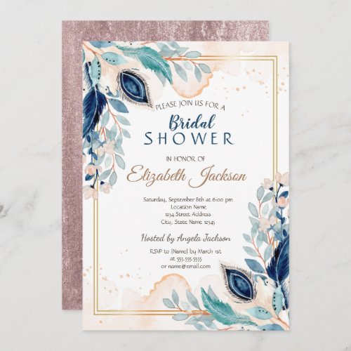 Watercolor Peacock Floral Bridal Shower Invitation