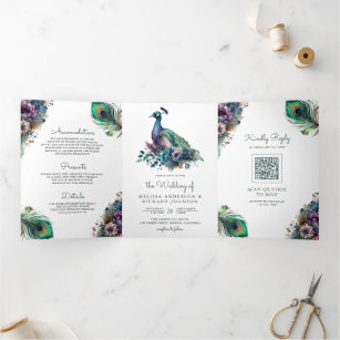 Watercolor Peacock Floral Feather QR Code Wedding Tri-Fold Invitation