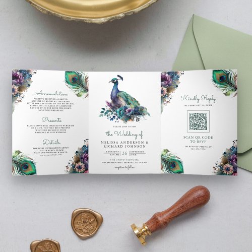 Watercolor Peacock Floral Feather QR Code Wedding Tri_Fold Invitation