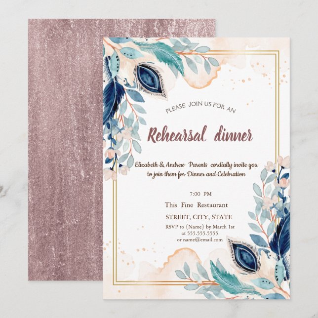 Watercolor Peacock Floral Rehearsal Dinner Invitation (Front/Back)