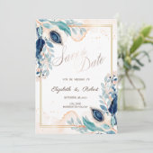 Watercolor Peacock Floral Save The Date (Standing Front)