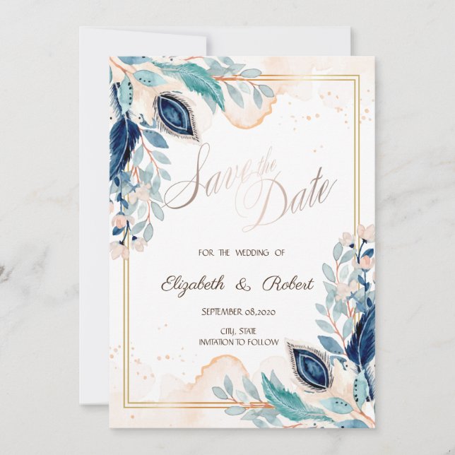 Watercolor Peacock Floral Save The Date (Front)