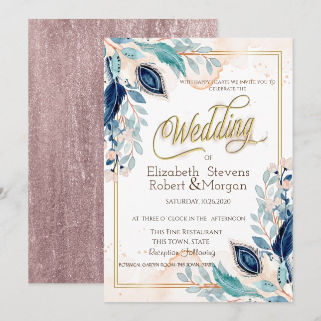 Watercolor Peacock Floral Wedding Invitation (Front/Back)