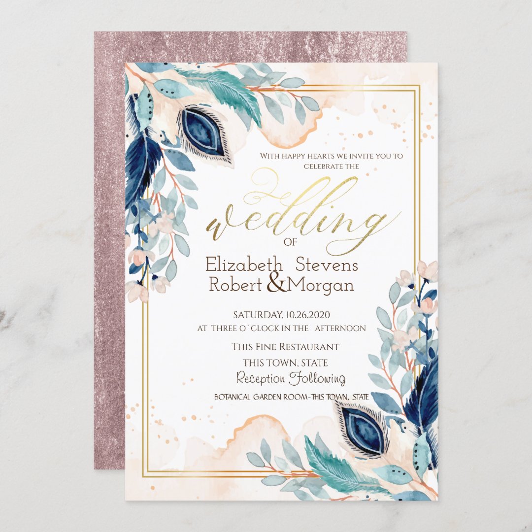 Watercolor Peacock Flowers Wedding Invitation Zazzle