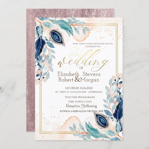 Watercolor Peacock Flowers Wedding Invitation