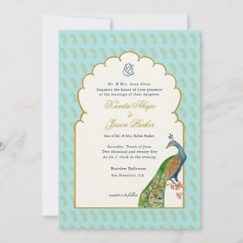 Watercolor peacock  Ganesh Wedding Invitation