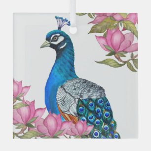 Watercolor peacock glass ornament