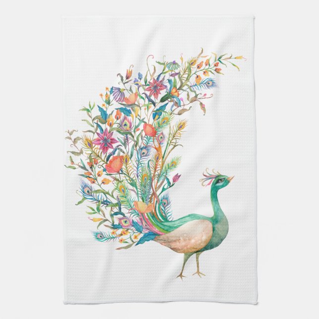 Watercolor Peacock Kitchen Towels (Vertical)