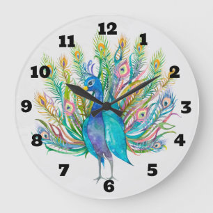 Watercolor Peacock Large Clock