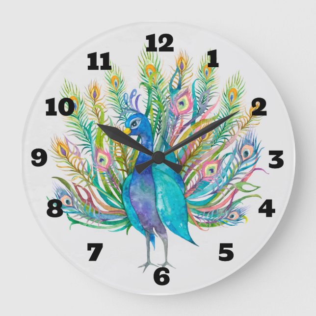 Watercolor Peacock Large Clock (Front)