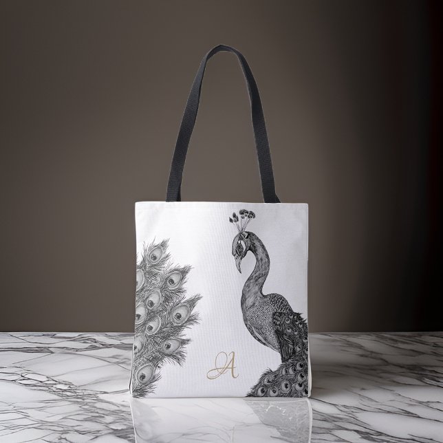 Watercolor Peacock Monogram Black and White Tote Bag (Creator Uploaded)