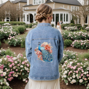 Watercolor Peacock Orange Botanical Floral Denim Jacket