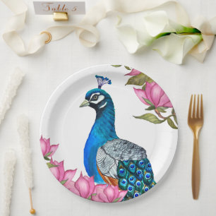 Watercolor peacock paper plates