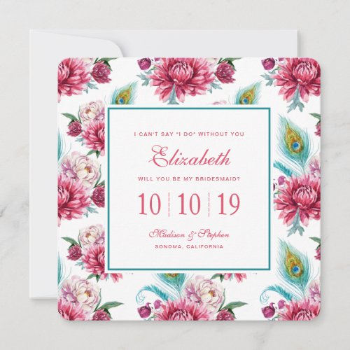 Watercolor Peacock  Red Floral _ Bridesmaid Invitation