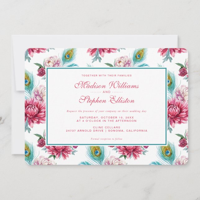 Watercolor Peacock & Red Floral - Wedding Invitation (Front)