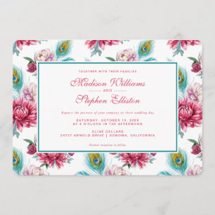 Watercolor Peacock & Red Floral - Wedding Invitation