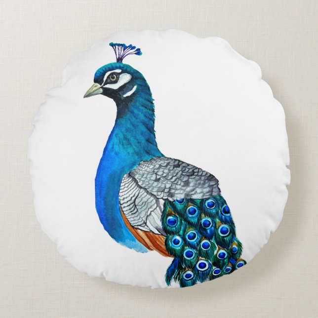 Watercolor peacock round pillow (Front)