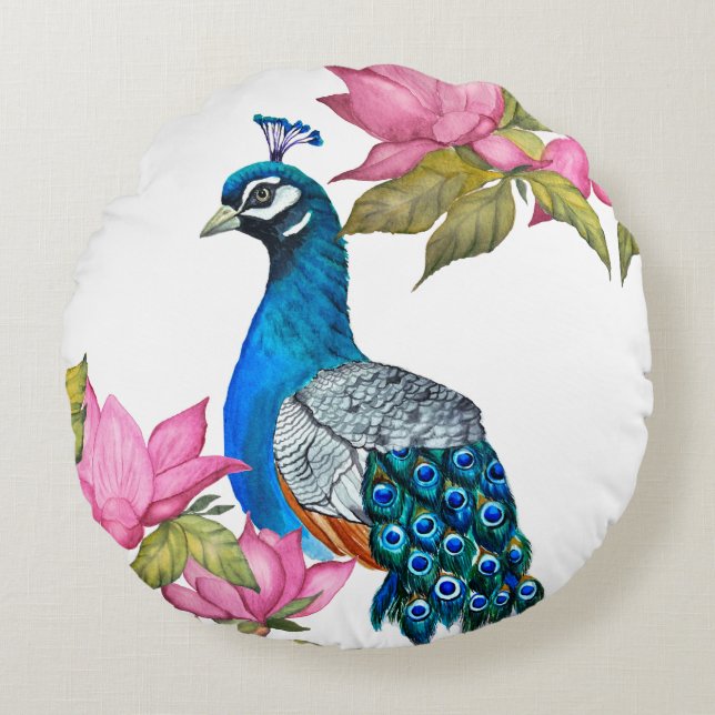 Watercolor peacock round pillow (Front)