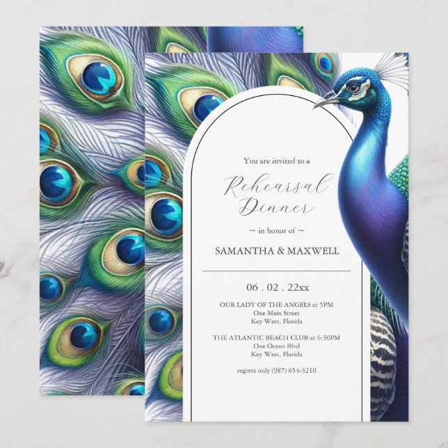 Watercolor Peacock Wedding Rehearsal Dinner Invitation (Front/Back)