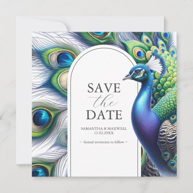 Watercolor Peacock Wedding Save The Date Cards (Front)