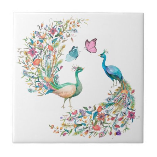 Watercolor Peacocks and Butterflies Ceramic Tile