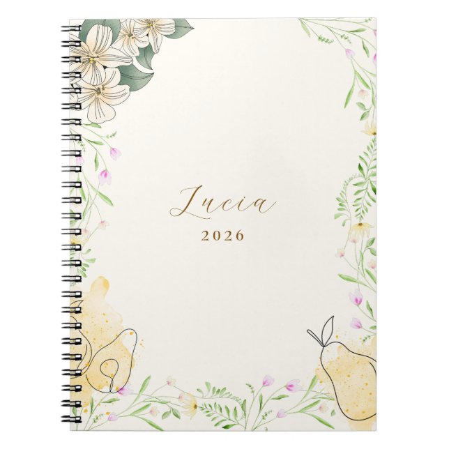 Watercolor Pear Floral Garden Notebook (Front)