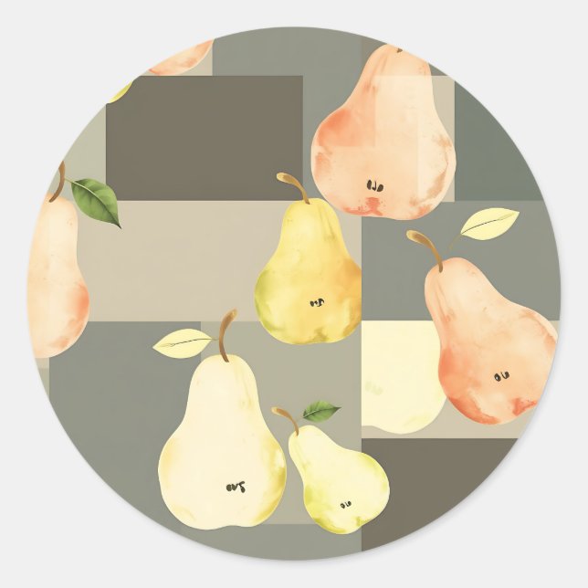 Watercolor Pear Patchwork Pattern Design Classic Round Sticker (Front)