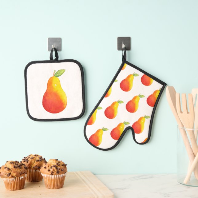 Watercolor Pear & Pear Pattern Oven Mitt & Pot Holder Set (Insitu(Hanging))