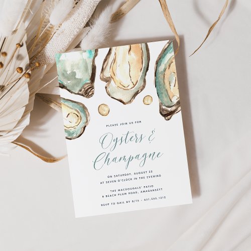 Watercolor Pearl Oysters  Champagne Party Invitation