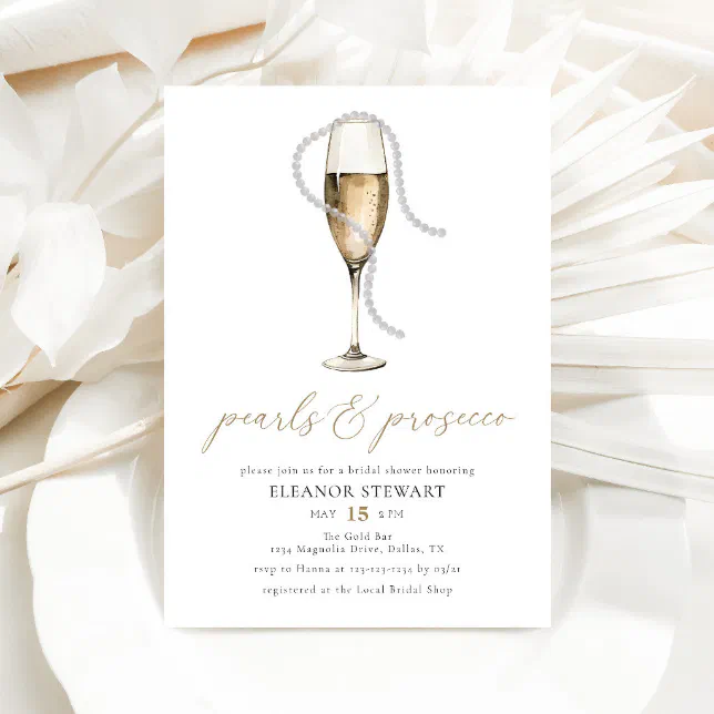 Watercolor Pearls and Prosecco Bridal Shower Invitation | Zazzle