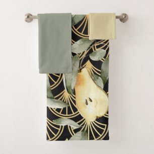 Watercolor Pears and Gold Scales Pattern Bath Towel Set