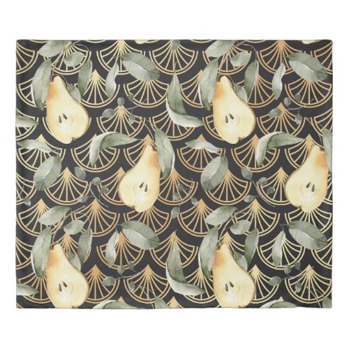 Watercolor Pears and Gold Scales Pattern Duvet Cover