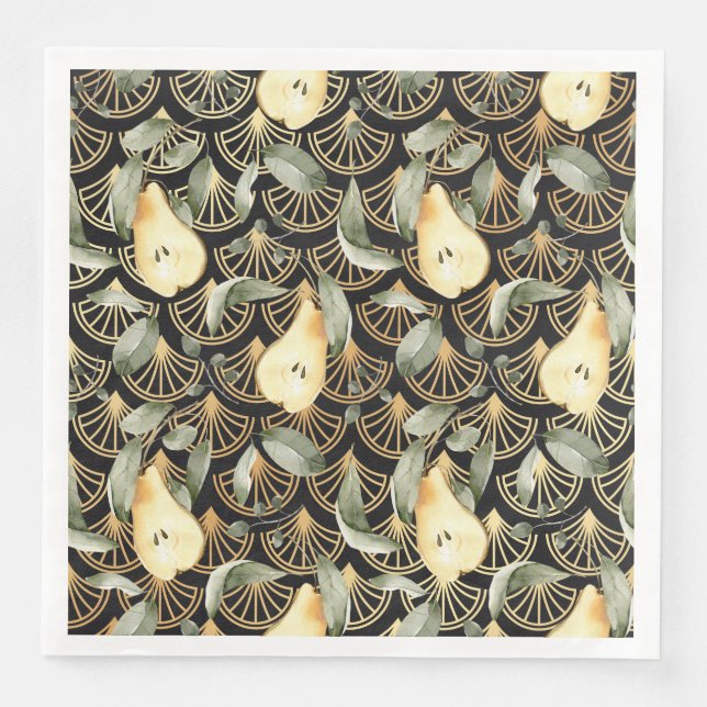 Watercolor Pears and Gold Scales Pattern Paper Dinner Napkins (Front)