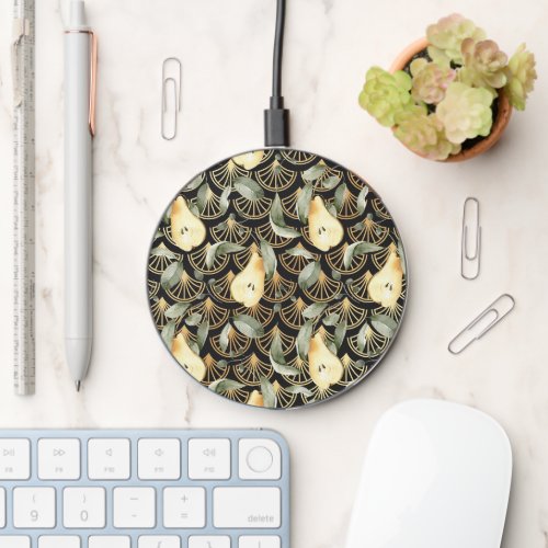 Watercolor Pears and Gold Scales Pattern Wireless Charger
