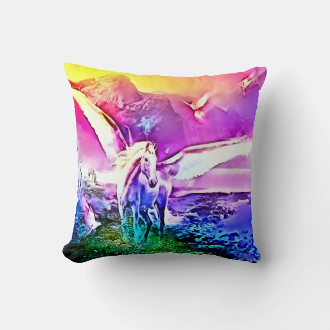 Watercolor Pegasus Fantasy Art Plush Throw Pillow (Front)