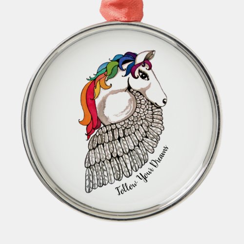 Watercolor Pegasus With Rainbow Hair Metal Ornament