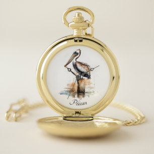 Watercolor Pelican Custom Coastal Bird Art Pocket Watch