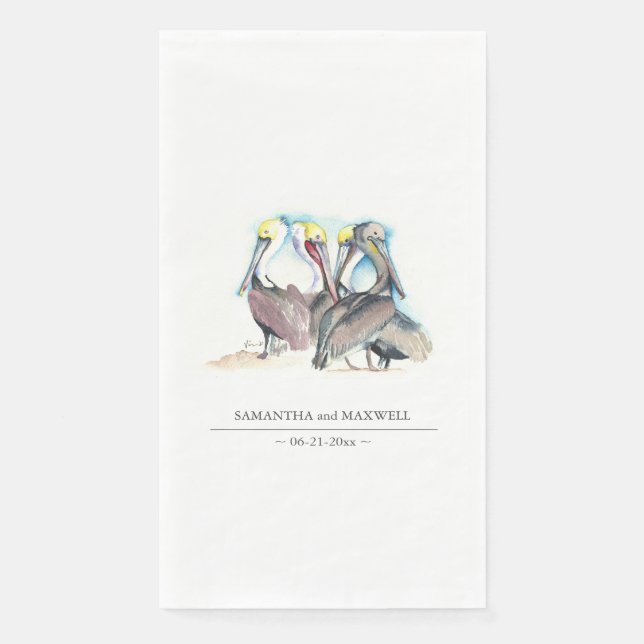 Watercolor Pelicans Beach Wedding Paper Guest Towels (Front)