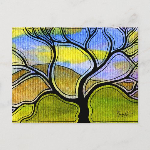 Watercolor Pen and Ink Tree and Mountain Postcard