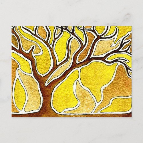 Watercolor Pen and Ink Tree - Yellow Gold Postcard