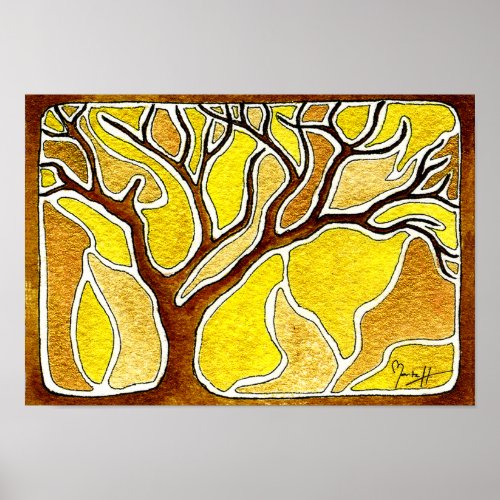 Watercolor Pen and Ink Tree - Yellow Gold Poster