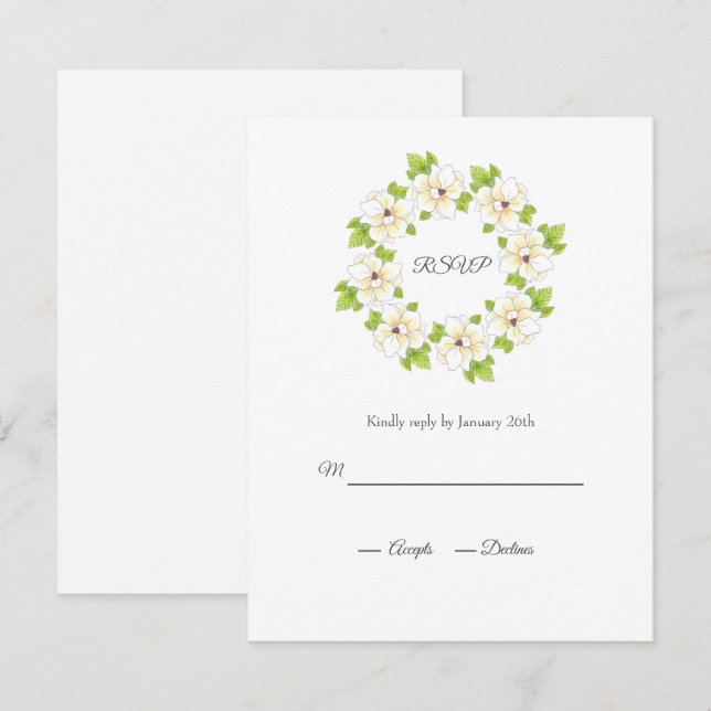 Watercolor, Pen & Ink Magnolia Wreath  RSVP Card (Front/Back)