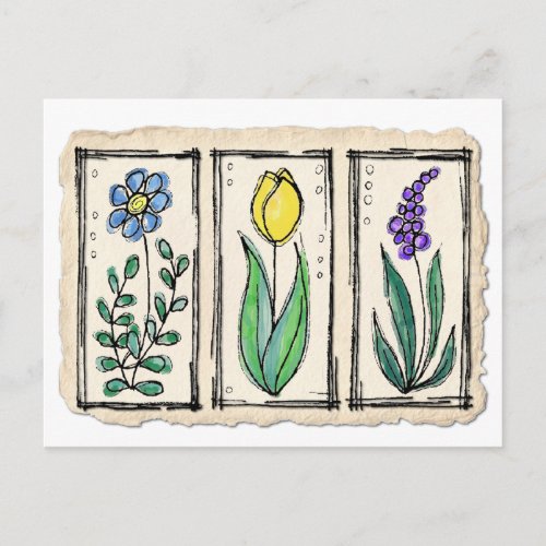 Watercolor Pen  Ink Sketch Flowers Postcard