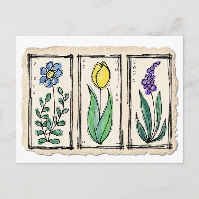 Watercolor Pen & Ink Sketch Flowers Postcard (Front)