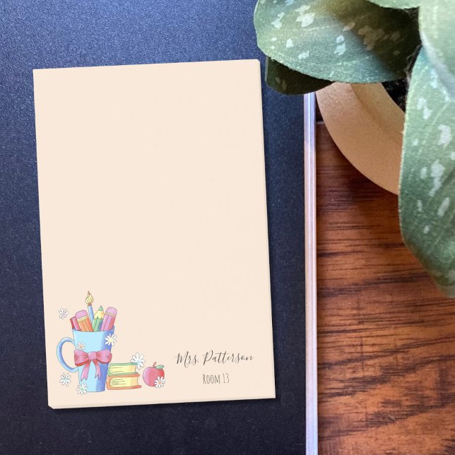 Watercolor Pencils and Books Teacher Notes (Cute personalized sticky notes for teachers with white little flowers .)