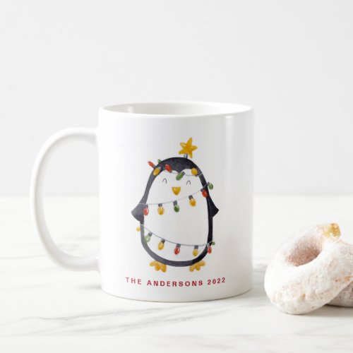 Watercolor Penguin and Christmas Lights Holiday Coffee Mug