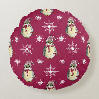 Watercolor Penguin and Snowflake Holiday Round Pillow